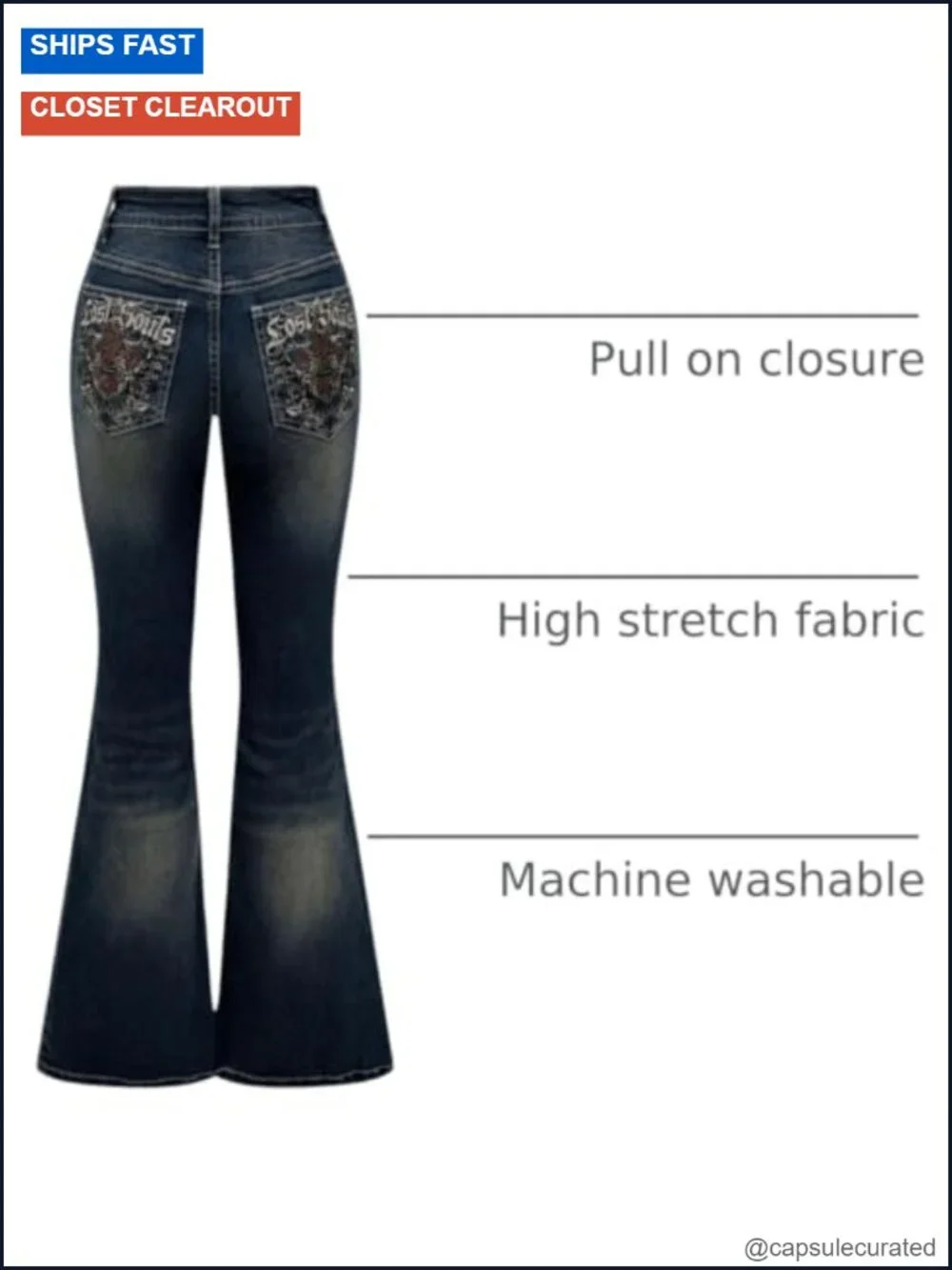 Bell Bottom Jeans Stretchy Embroidered Flared Y2K Goth High Waist Denim Pants - Picture 3 of 5